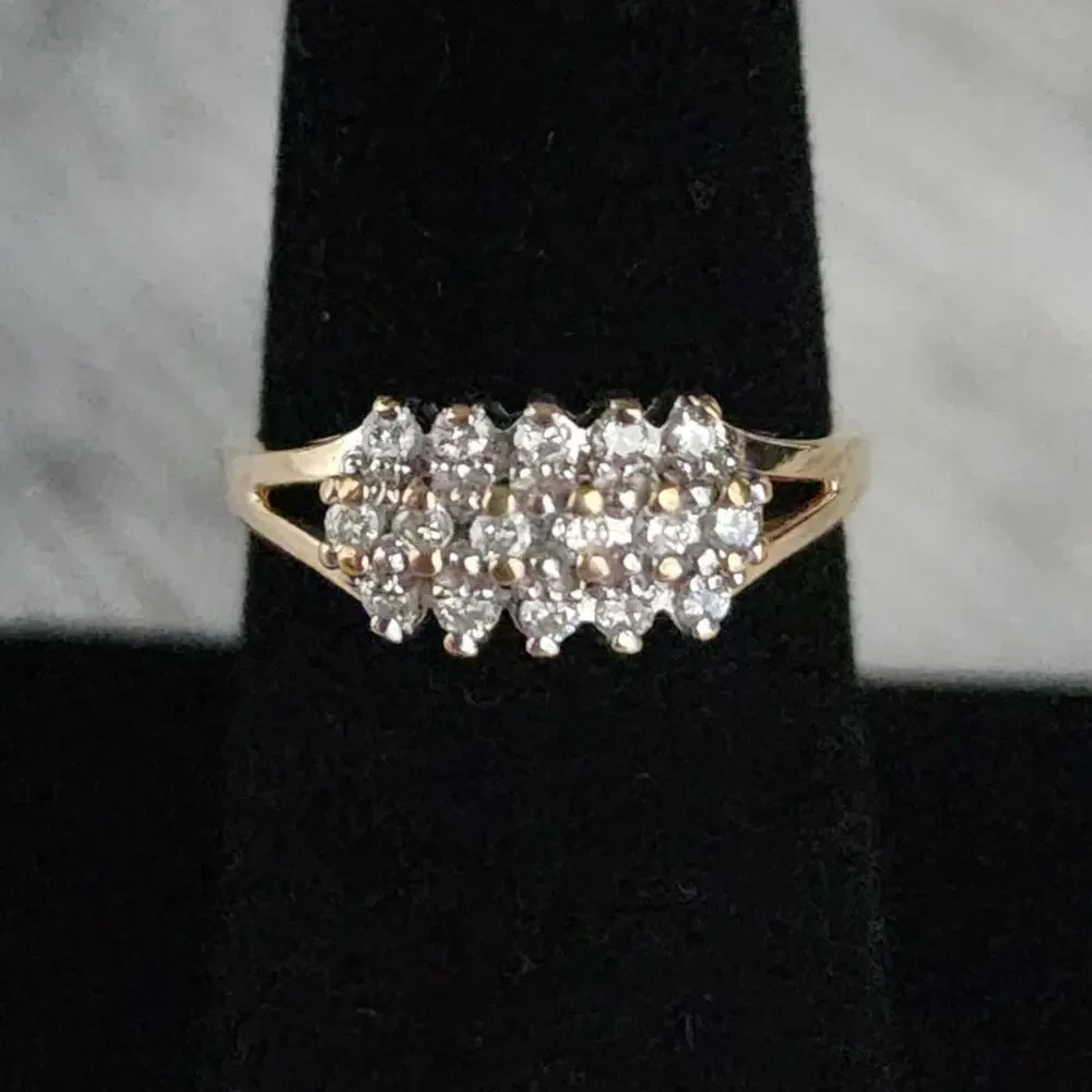 14K Fine Yellow Gold Diamond Cluster 3 Tier Open Work Accent Ring